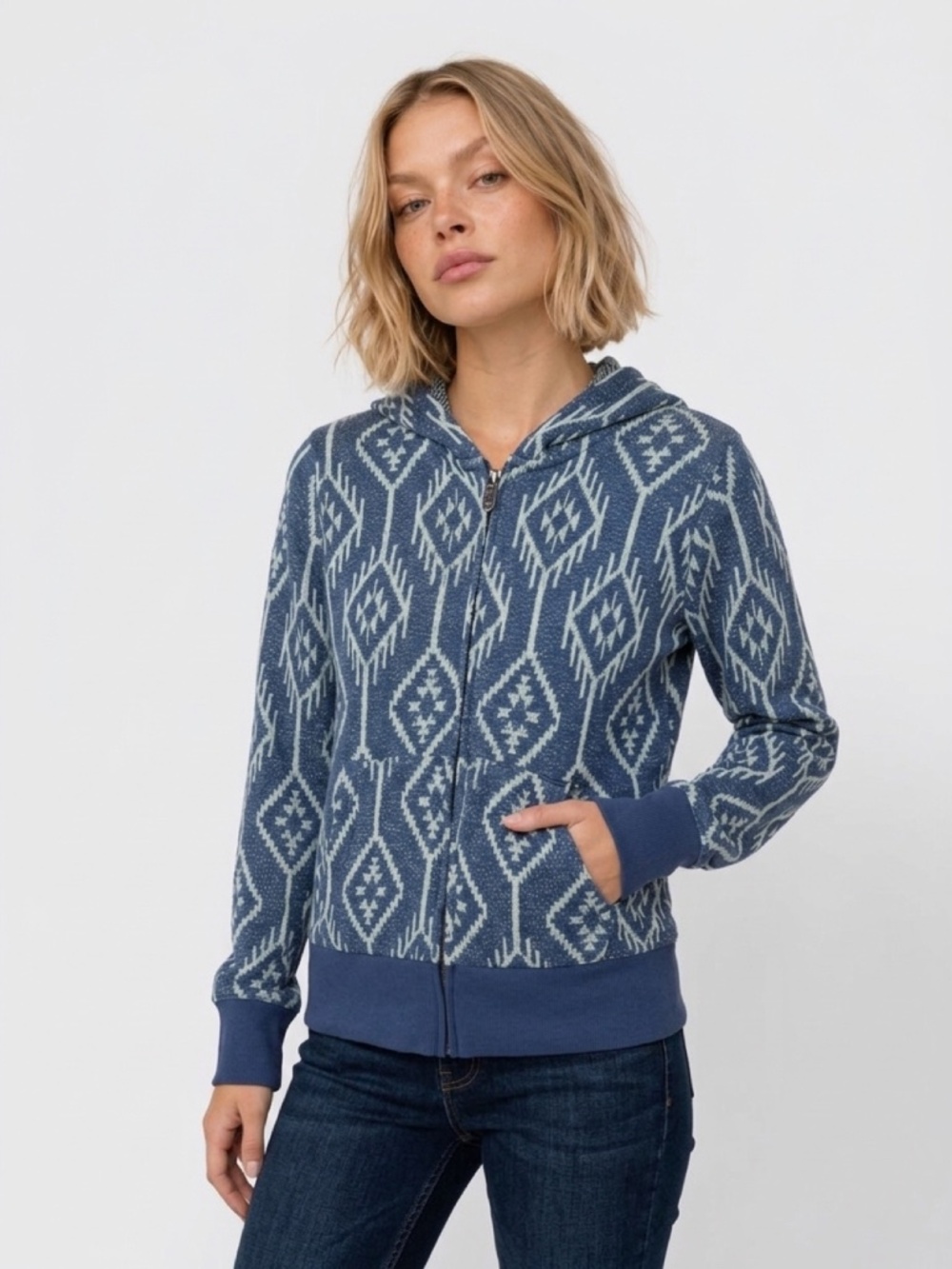 ARIAT women's zip up hoodie size M medium knit sweater aztec ribbed blue